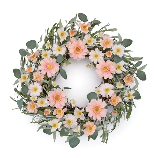 22" Pink & White Mixed Daisy Floral Wreath